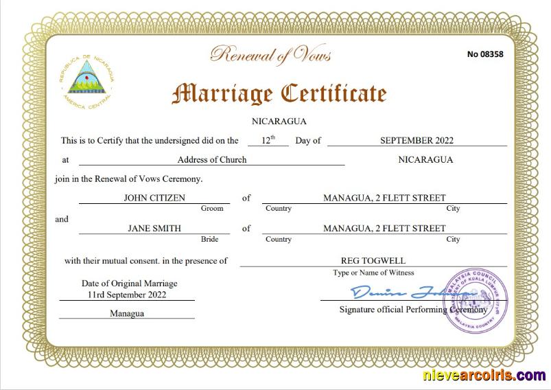 Nicaragua marriage certificate